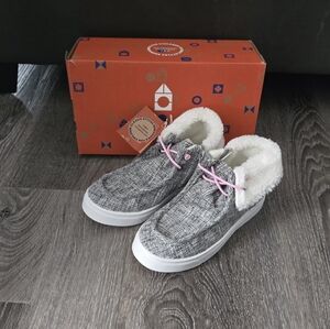 Girls Grey White Cozy Slip-in Loafer Boots Booties Sneakers